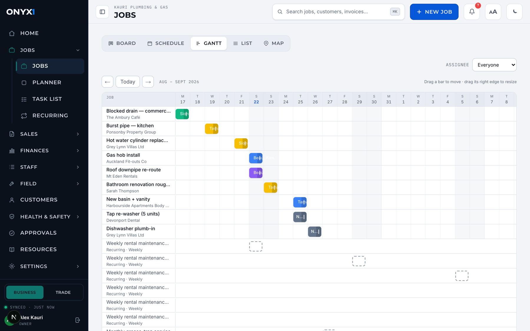 The Onyx1 Gantt view of jobs across the coming weeks